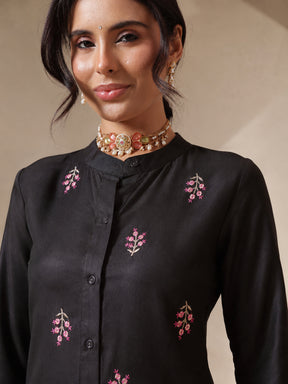 Black Front Embroidered Shirt With Palazzos-Shae by SASSAFRAS