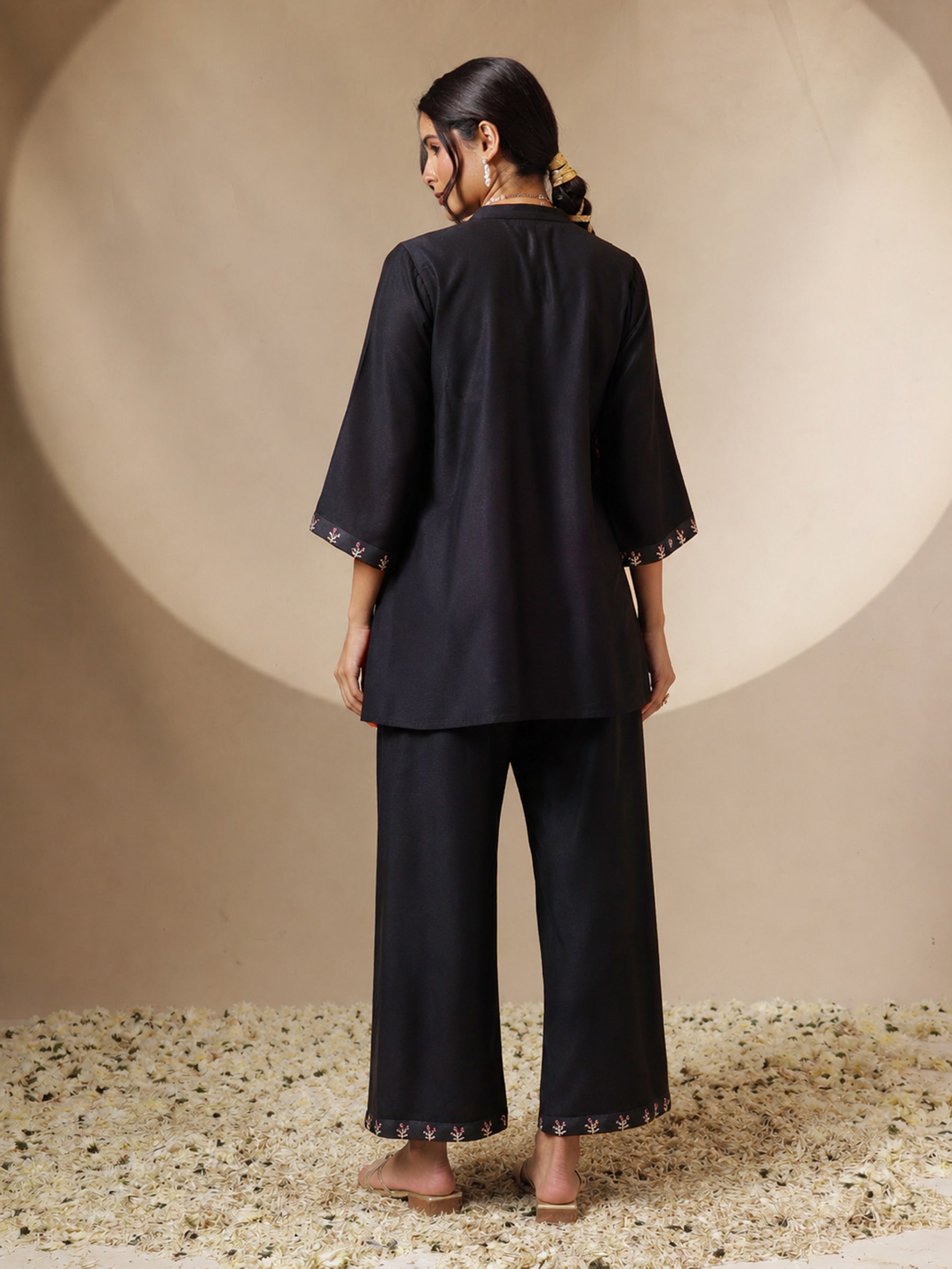 Black Front Embroidered Shirt With Palazzos-Shae by SASSAFRAS