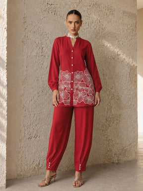 Red Hem Embroidered Shirt With Pleated Pants-Shae by SASSAFRAS
