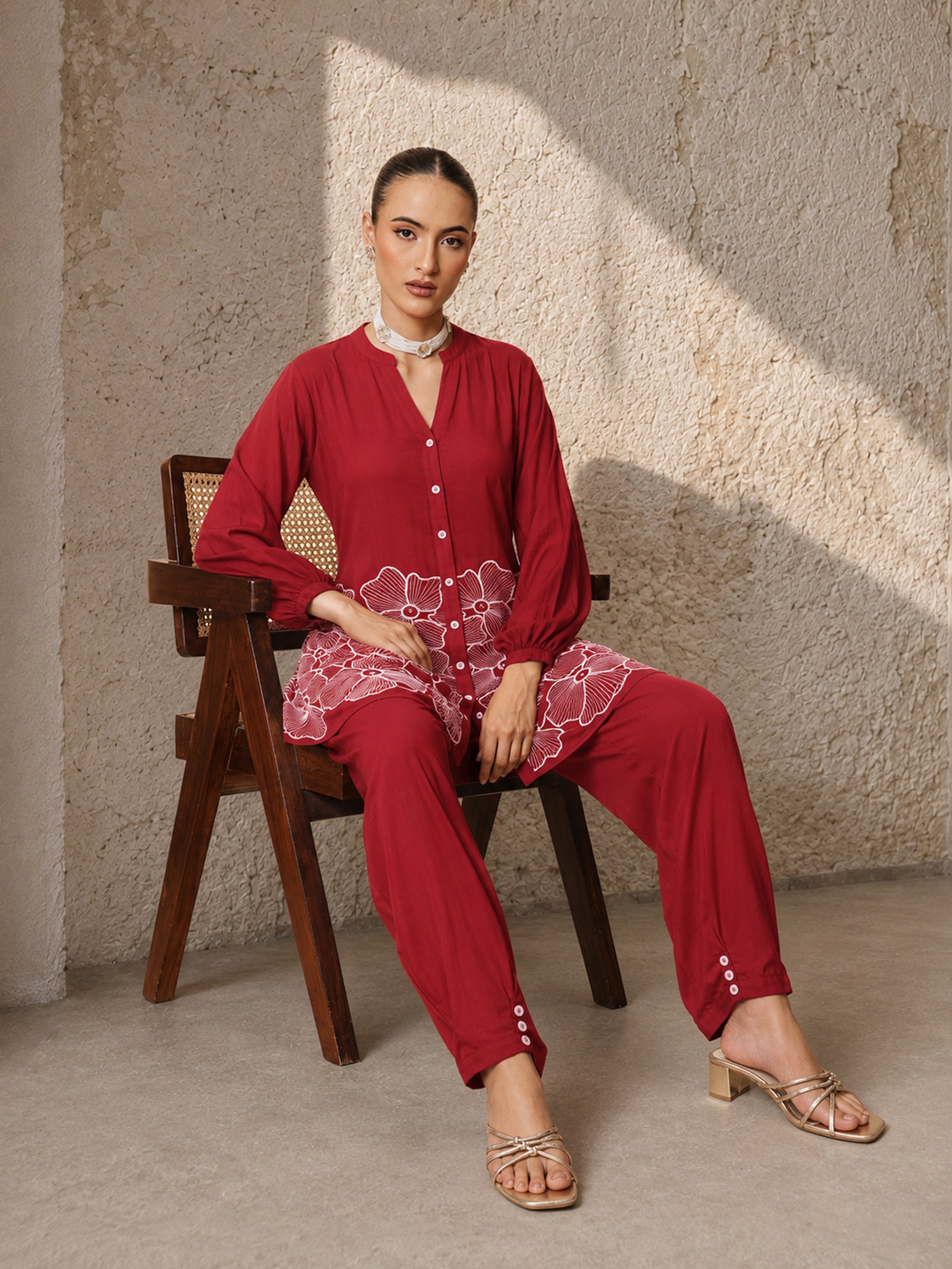 Red Hem Embroidered Shirt With Pleated Pants-Shae by SASSAFRAS