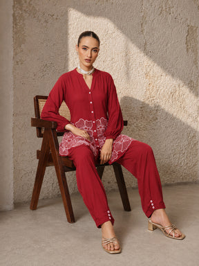 Red Hem Embroidered Shirt With Pleated Pants-Shae by SASSAFRAS