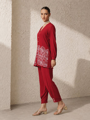 Red Hem Embroidered Shirt With Pleated Pants-Shae by SASSAFRAS