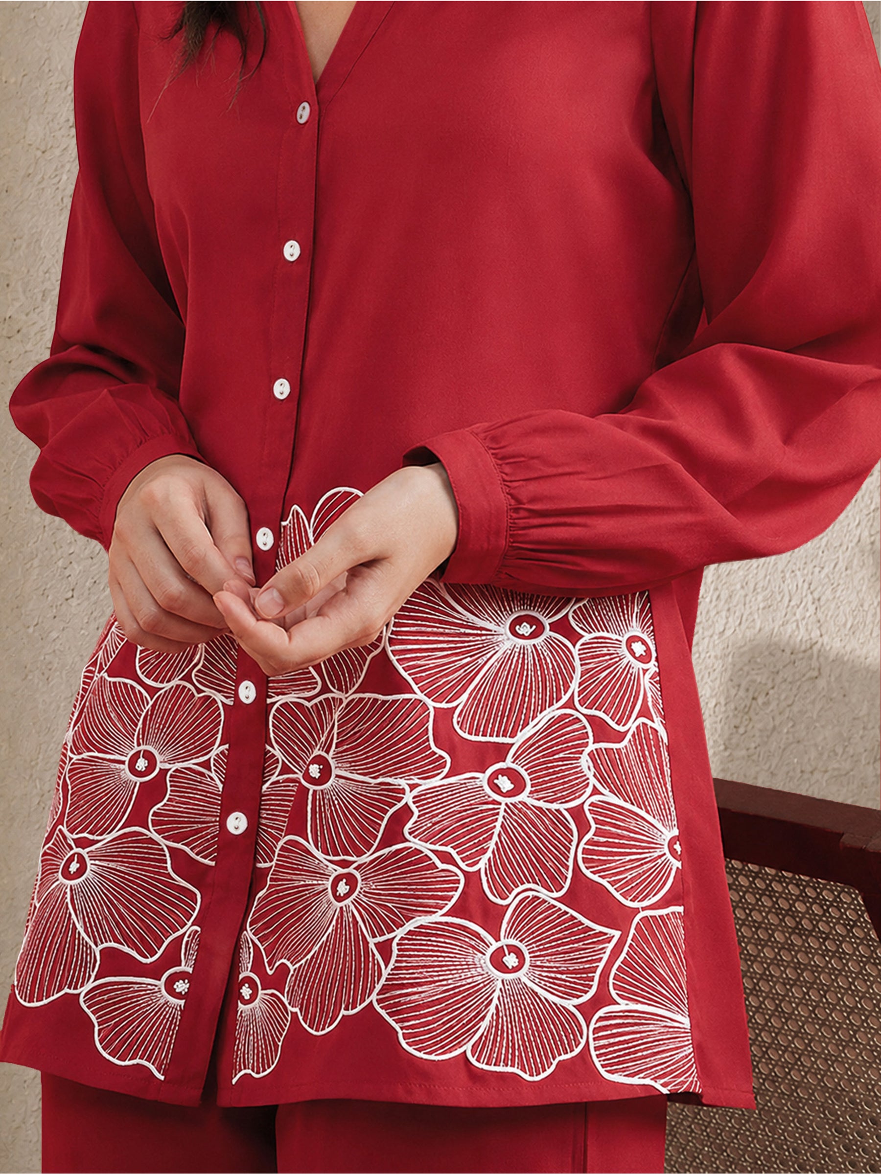 Red Hem Embroidered Shirt With Pleated Pants-Shae by SASSAFRAS