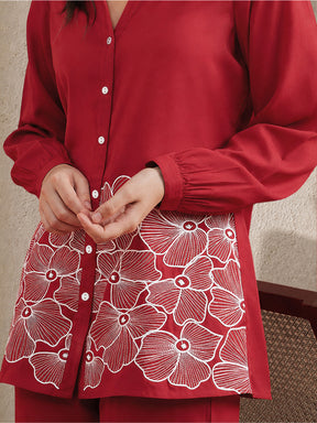 Red Hem Embroidered Shirt With Pleated Pants-Shae by SASSAFRAS