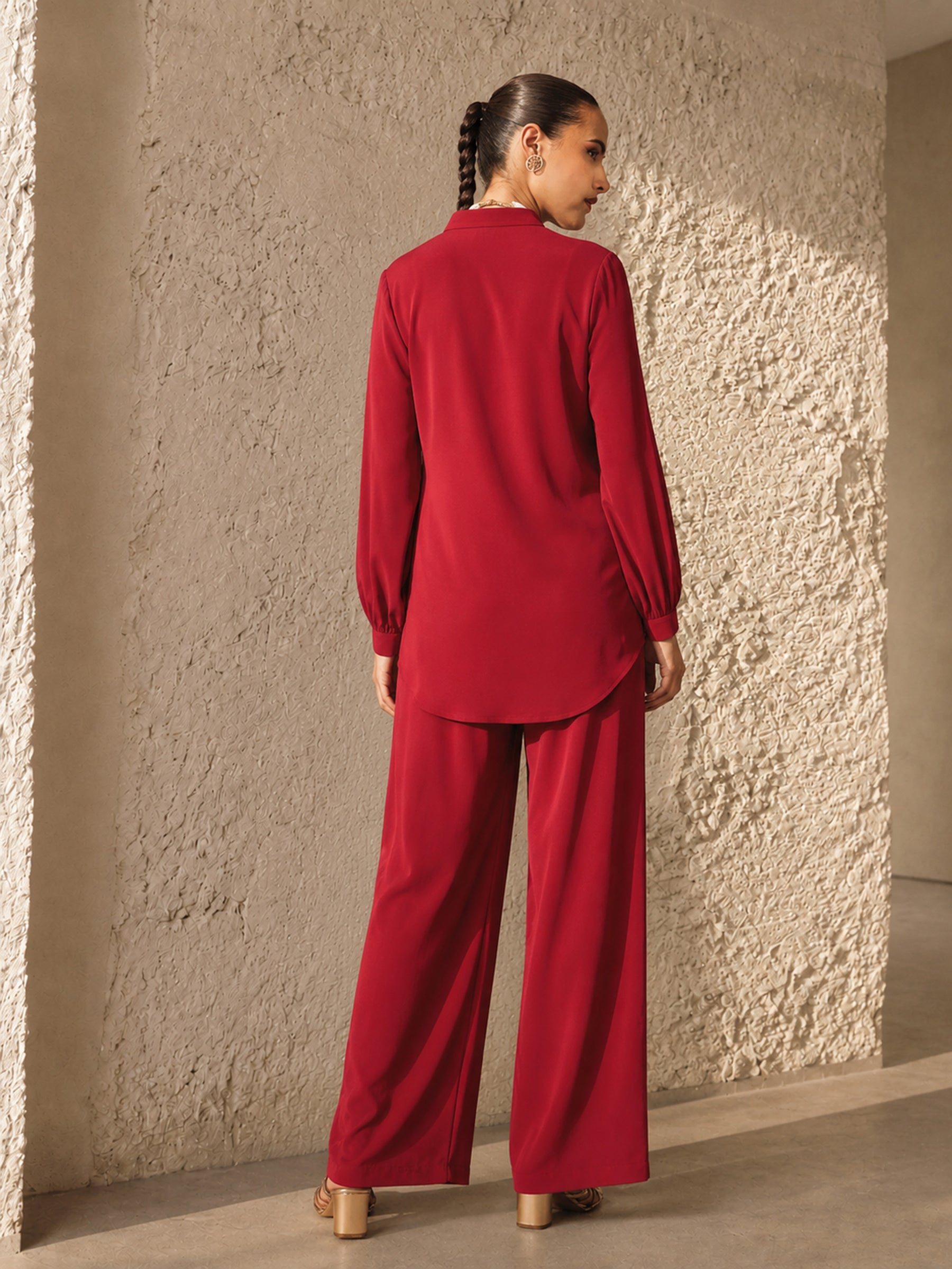 Red Hem Embroidered Shirt With Pleated Pants-Shae by SASSAFRAS