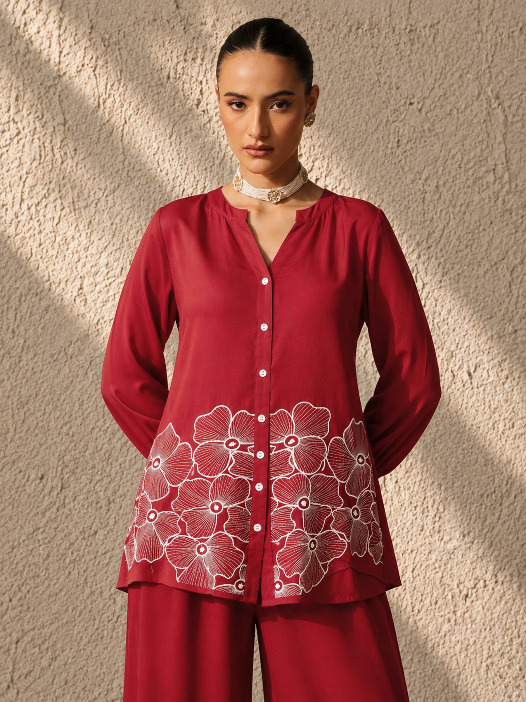 Women Red Hem Embroidered Shirt With Pleated Pants
