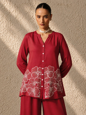 Women Red Hem Embroidered Shirt With Pleated Pants
