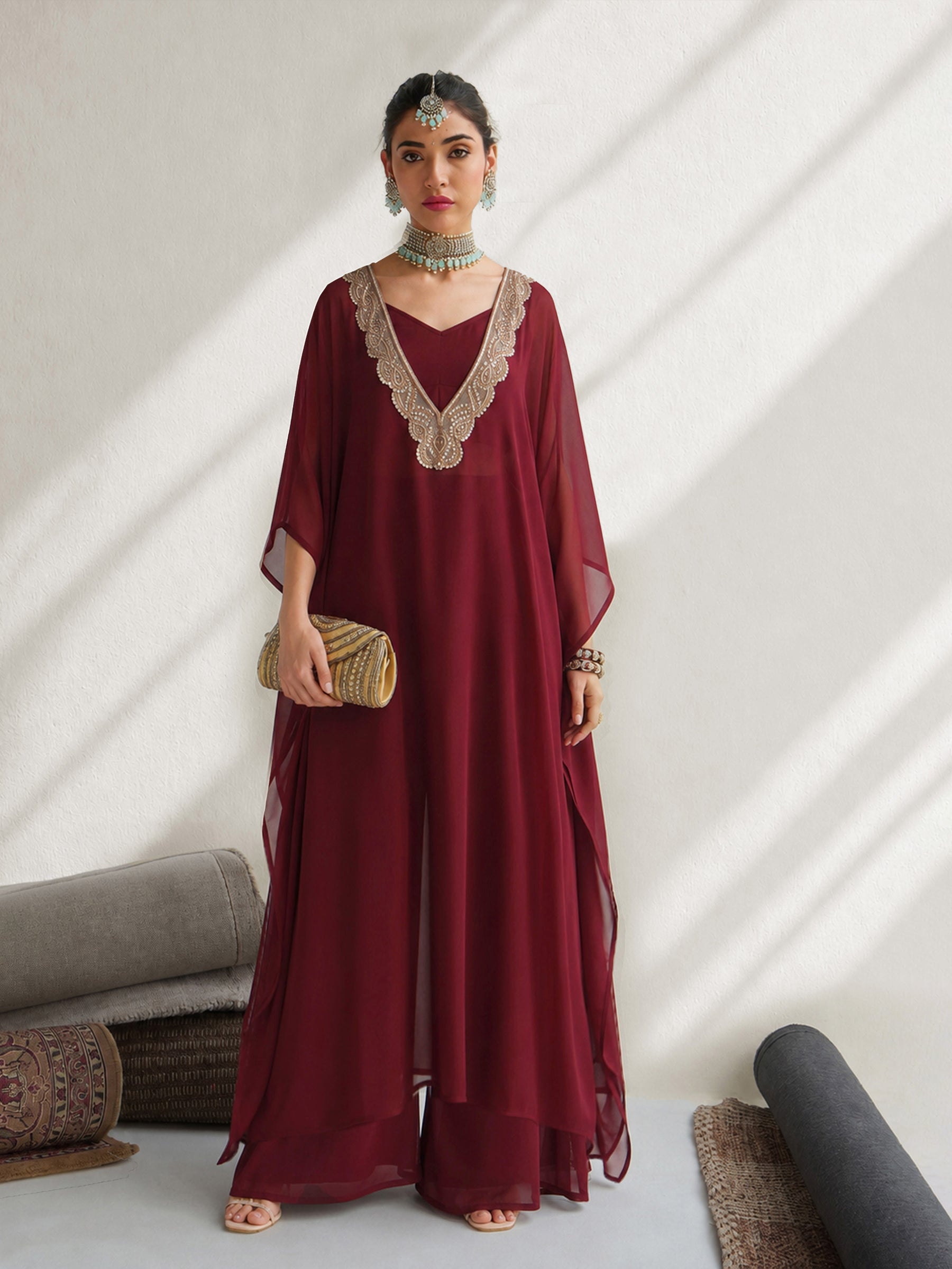 Maroon Embroidered Kaftan With Cami & Straight Pants-Shae by SASSAFRAS