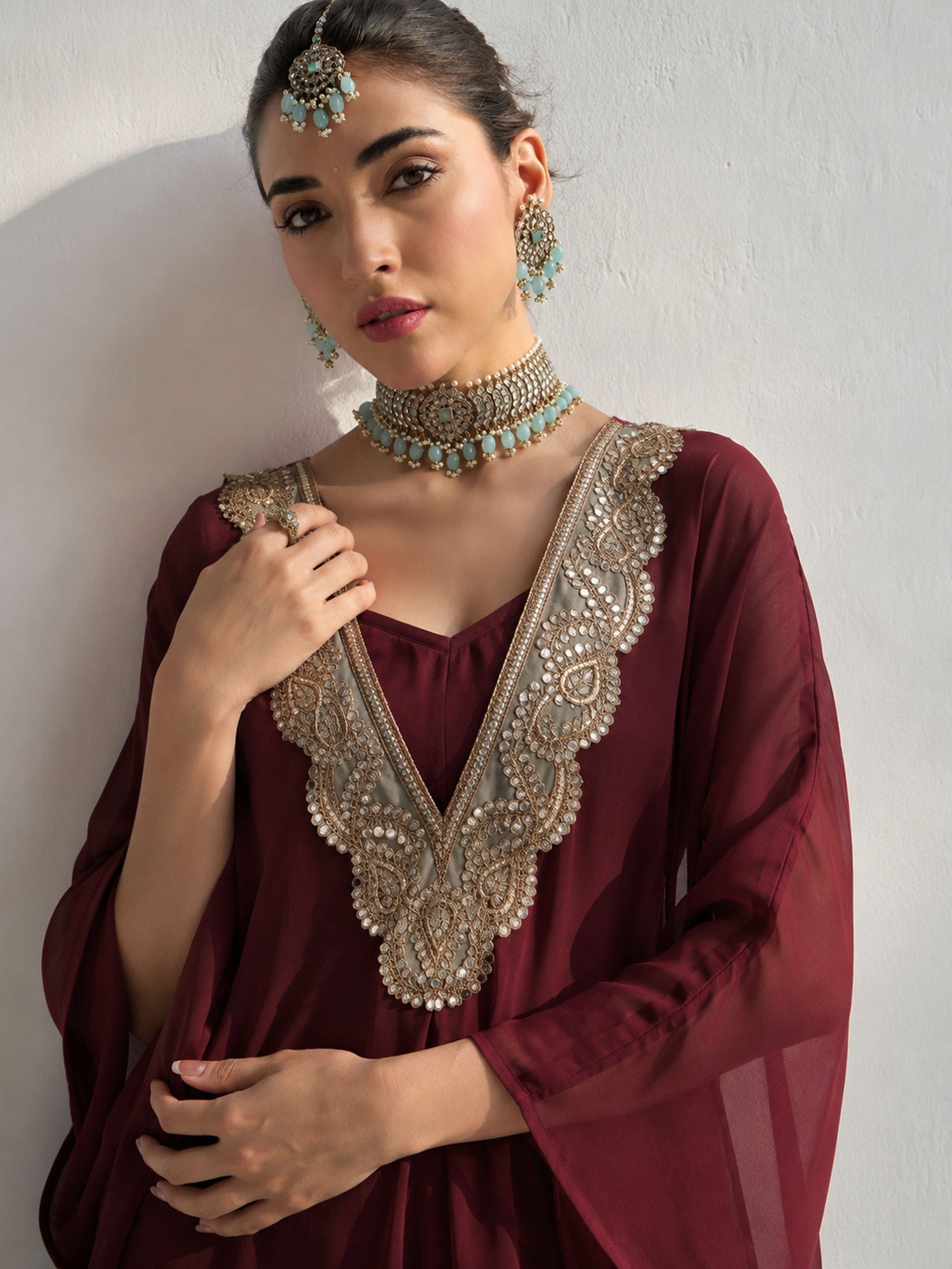 Maroon Embroidered Kaftan With Cami & Straight Pants-Shae by SASSAFRAS