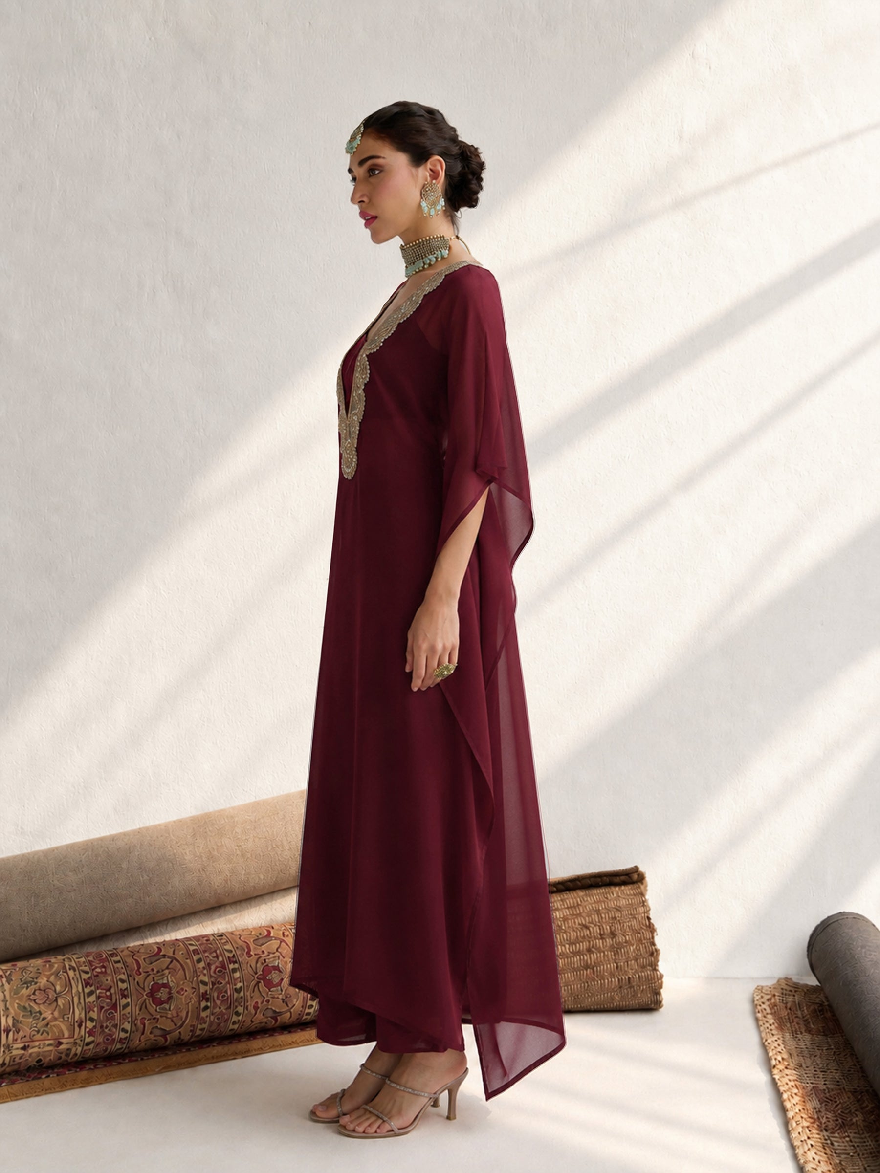 Maroon Embroidered Kaftan With Cami & Straight Pants-Shae by SASSAFRAS
