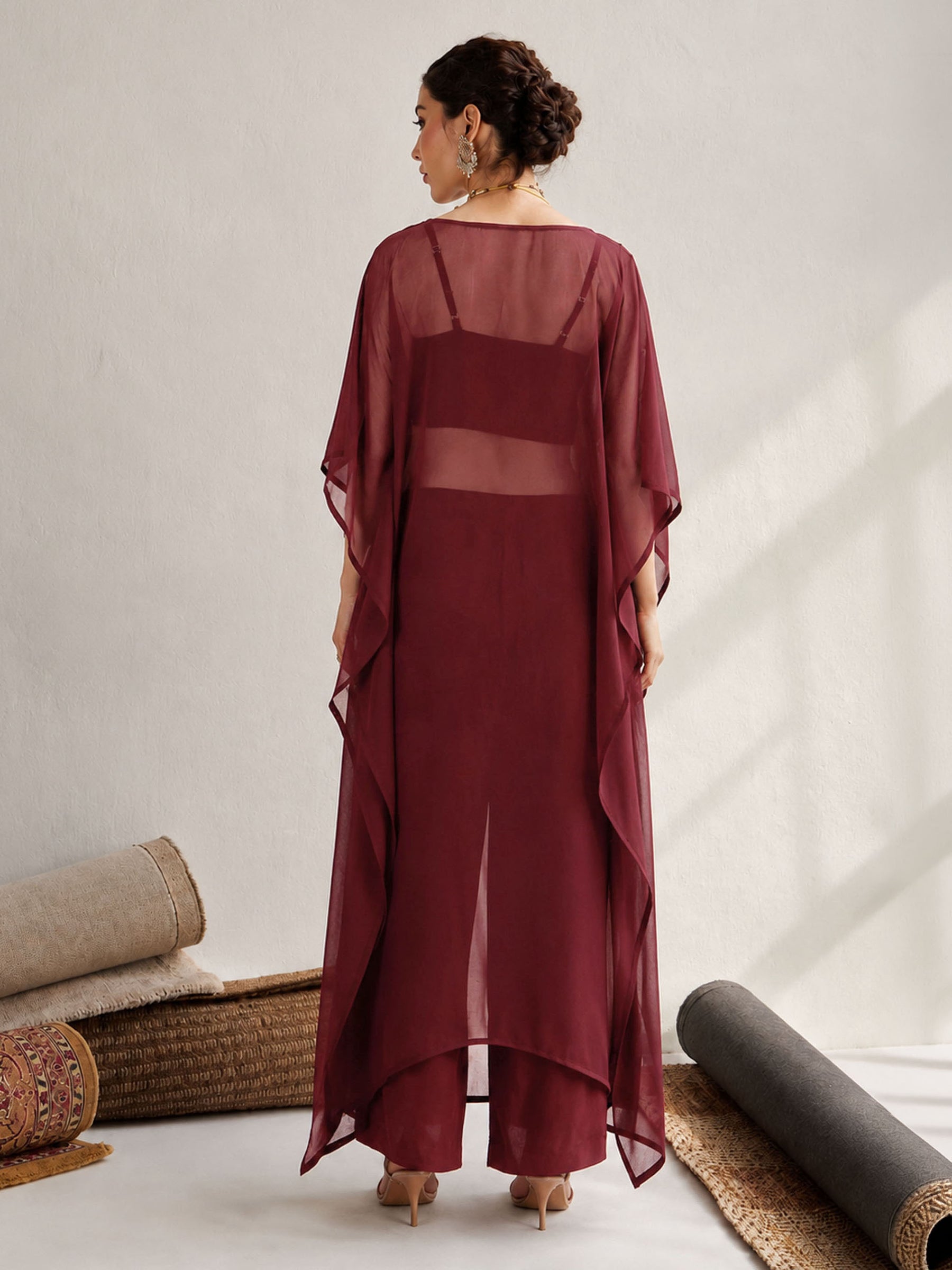 Maroon Embroidered Kaftan With Cami & Straight Pants-Shae by SASSAFRAS