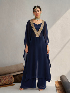 Navy Embroidered Kaftan With Cami & Straight Pants-Shae by SASSAFRAS