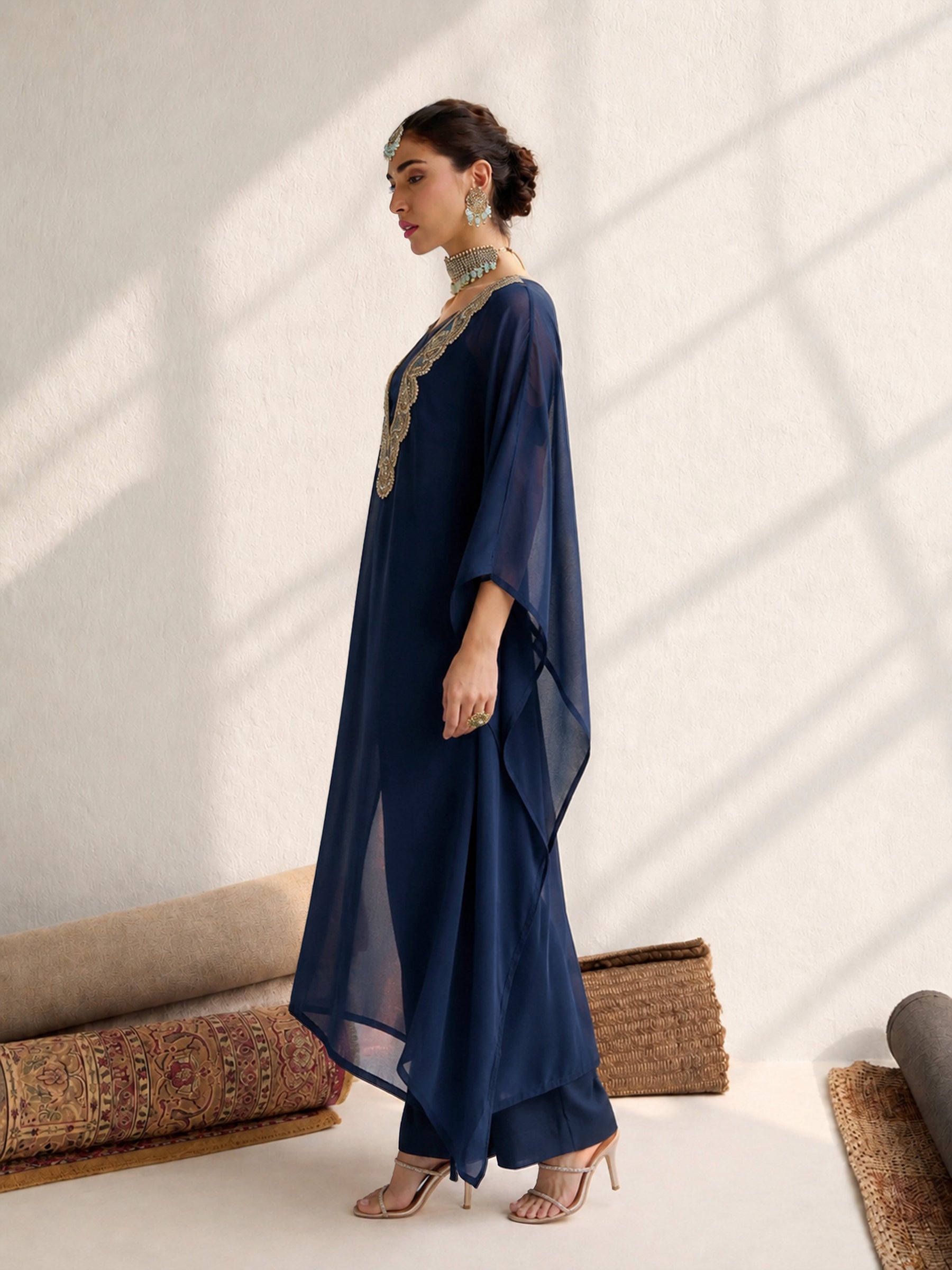 Navy Embroidered Kaftan With Cami & Straight Pants-Shae by SASSAFRAS