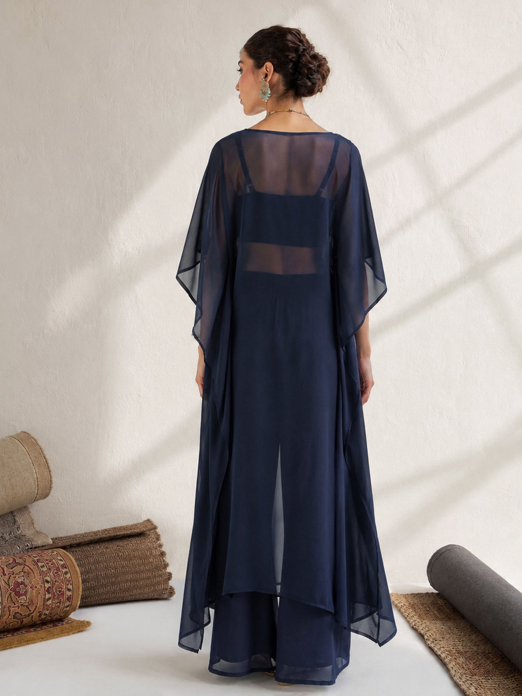 Navy Embroidered Kaftan With Cami & Straight Pants-Shae by SASSAFRAS
