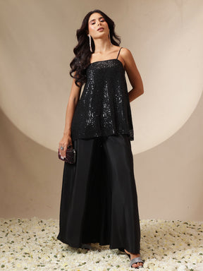 Women Black Sequin Strappy Top With Flared Pants