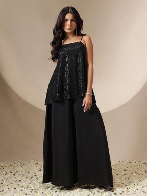 Black Sequin Strappy Top With Flared Pants -Shae by SASSAFRAS