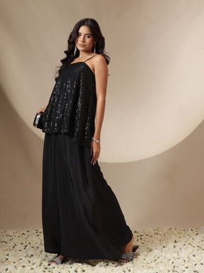 Black Sequin Strappy Top With Flared Pants -Shae by SASSAFRAS