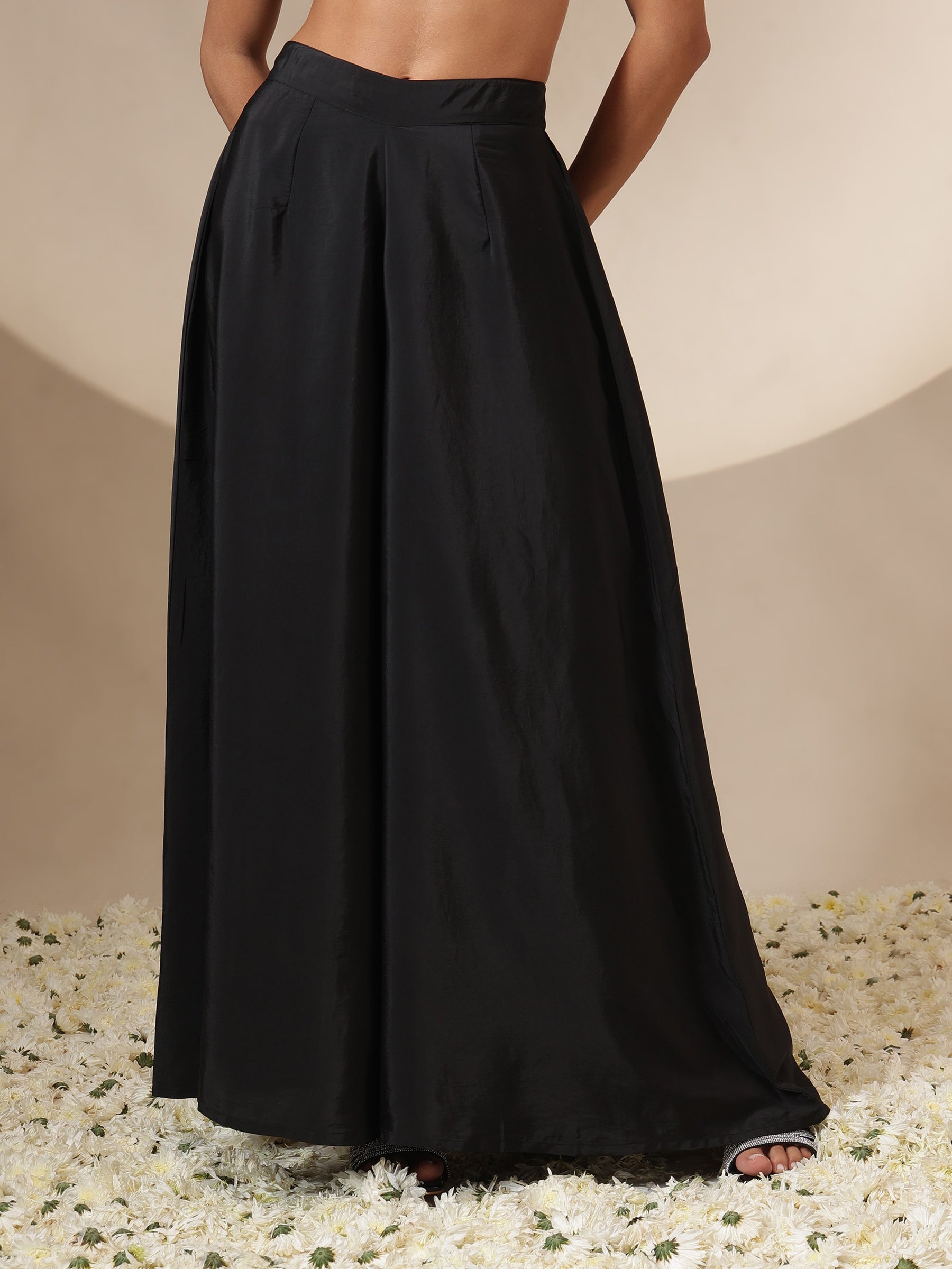Women Black Sequin Strappy Top With Flared Pants