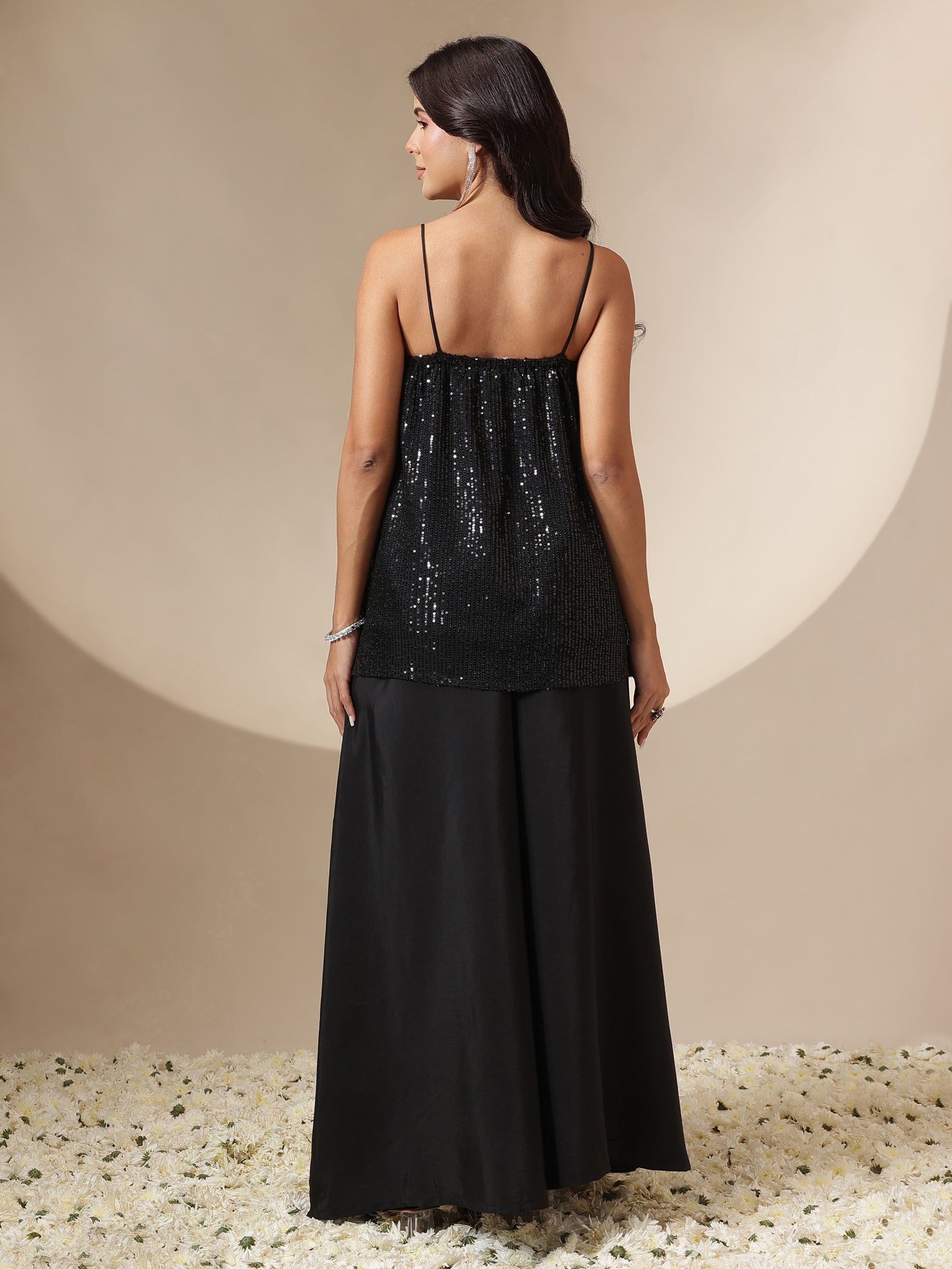 Women Black Sequin Strappy Top With Flared Pants