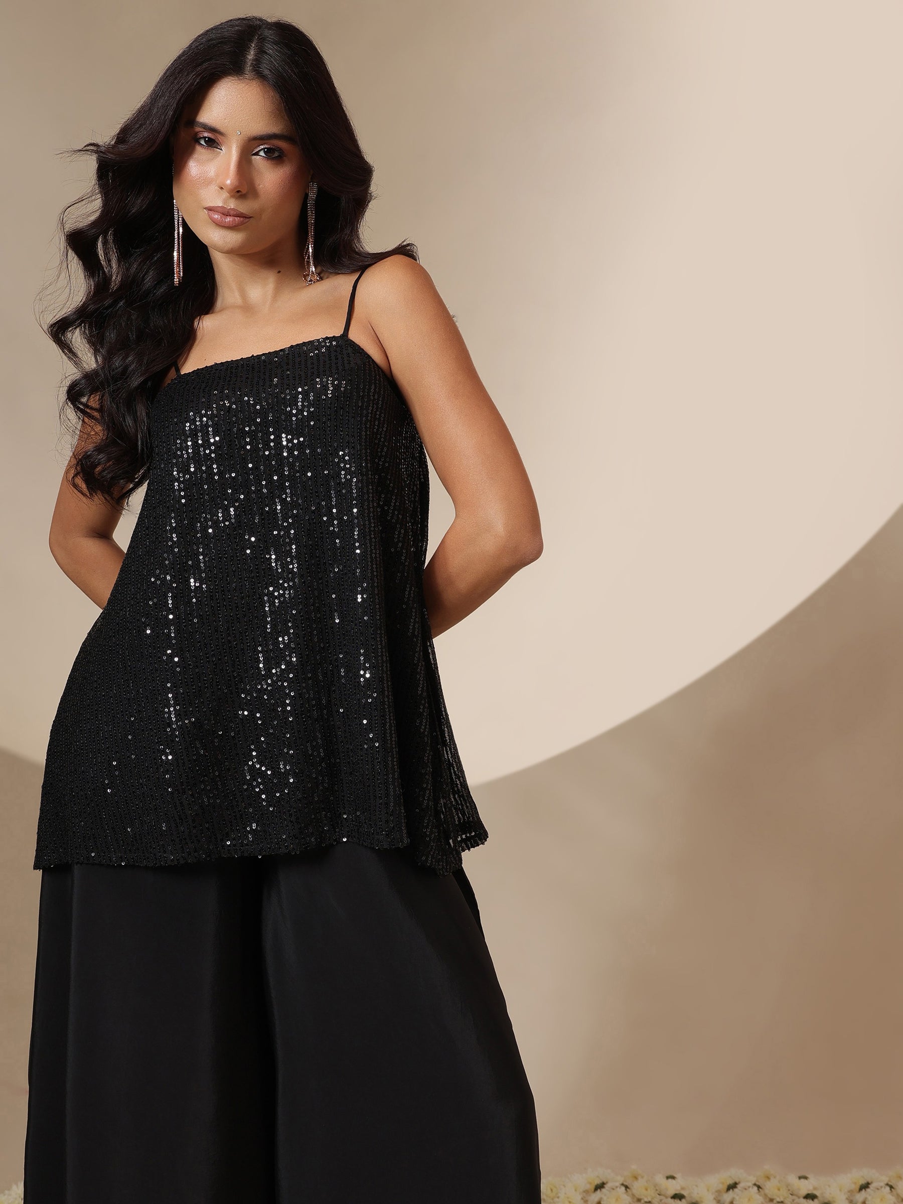 Women Black Sequin Strappy Top With Flared Pants