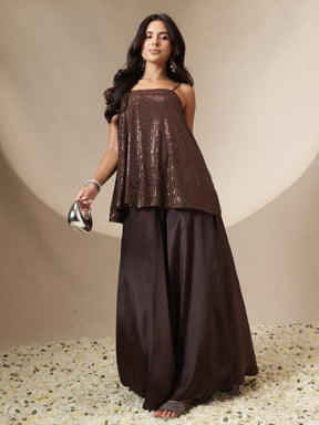 Women Brown Sequin Strappy Top With Flared Pants
