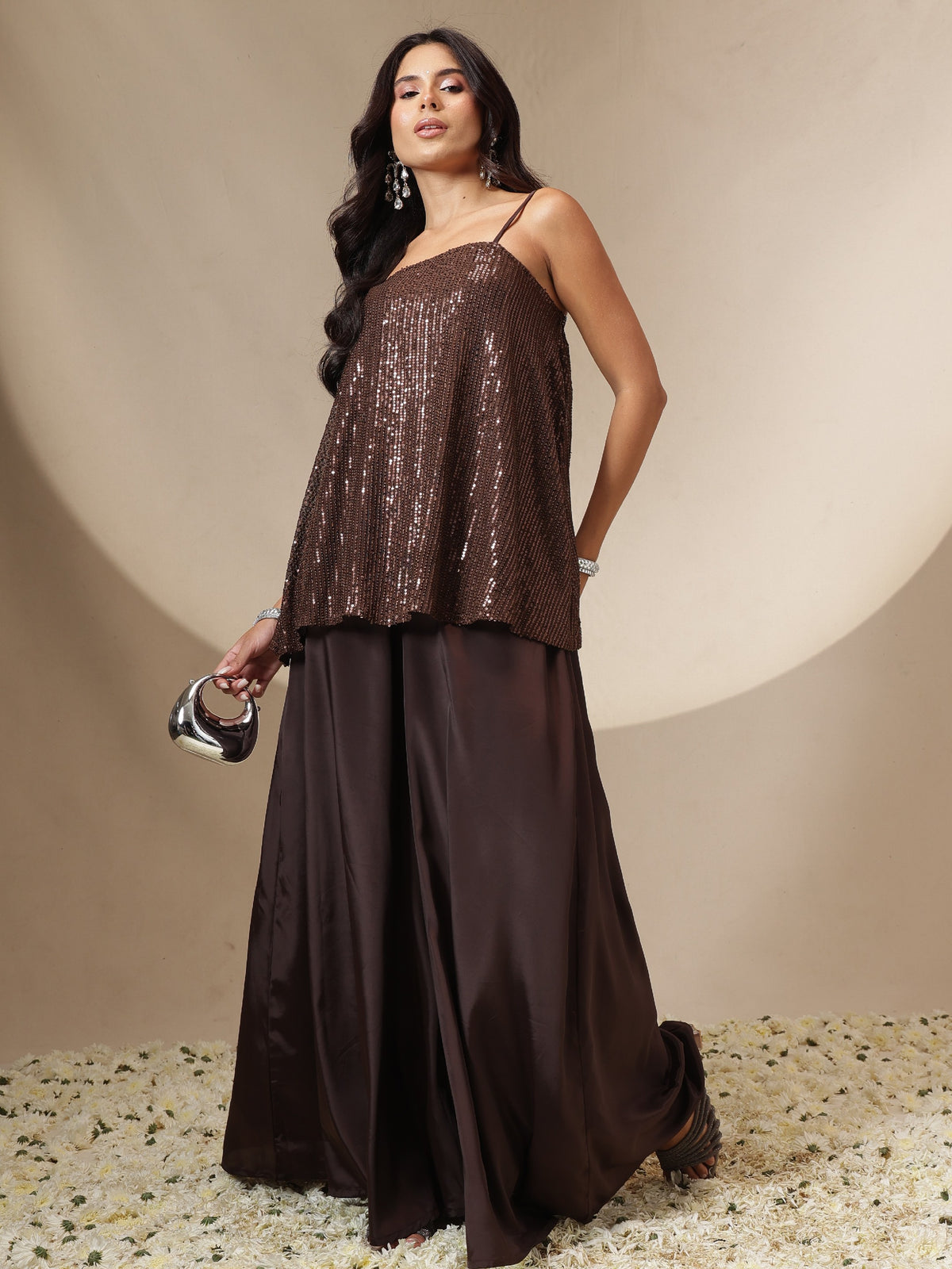 Brown Sequin Strappy Top With Flared Pants -Shae by SASSAFRAS