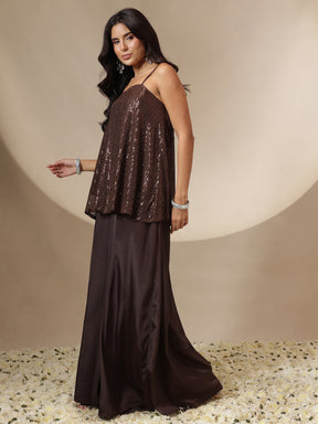 Brown Sequin Strappy Top With Flared Pants -Shae by SASSAFRAS
