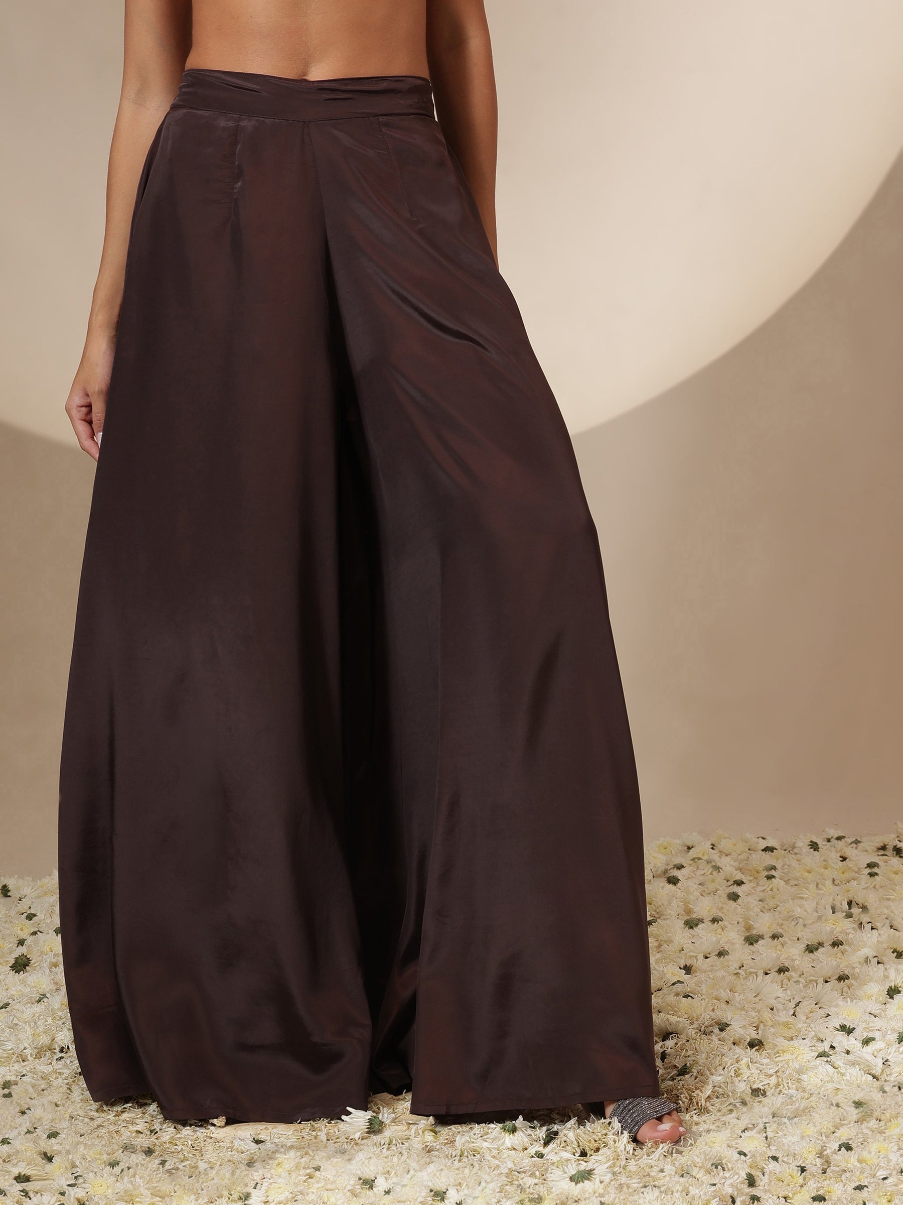 Women Brown Sequin Strappy Top With Flared Pants