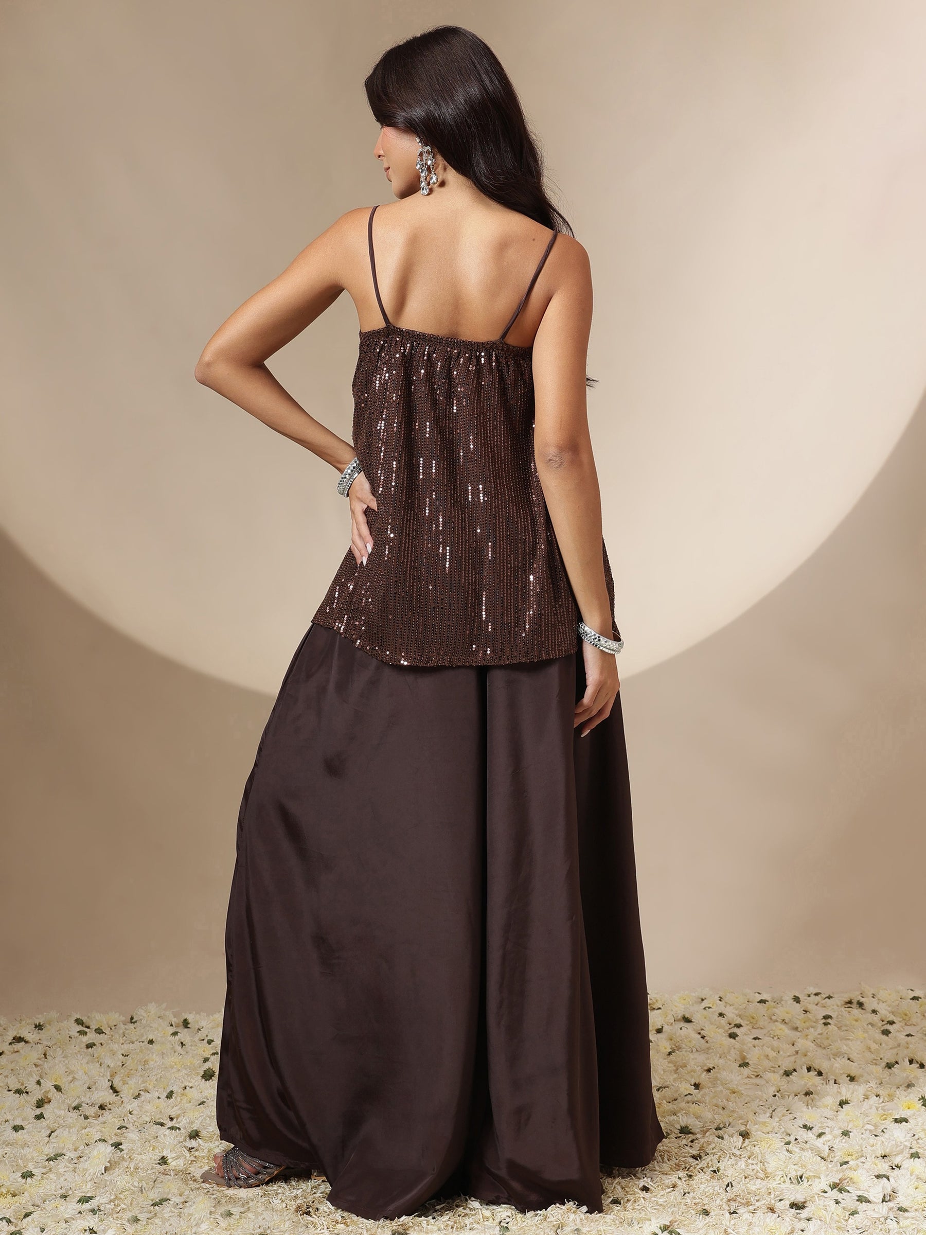 Women Brown Sequin Strappy Top With Flared Pants