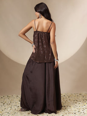 Women Brown Sequin Strappy Top With Flared Pants