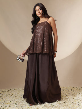 Women Brown Sequin Strappy Top With Flared Pants