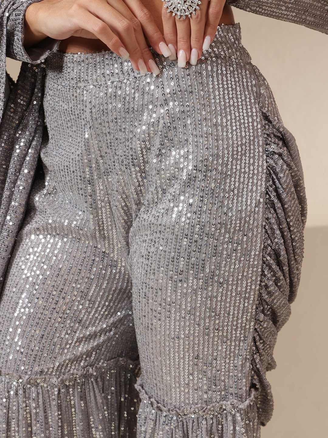 Grey Sequin Full Sleeves Blouse With Sharara Saree-Shae by SASSAFRAS
