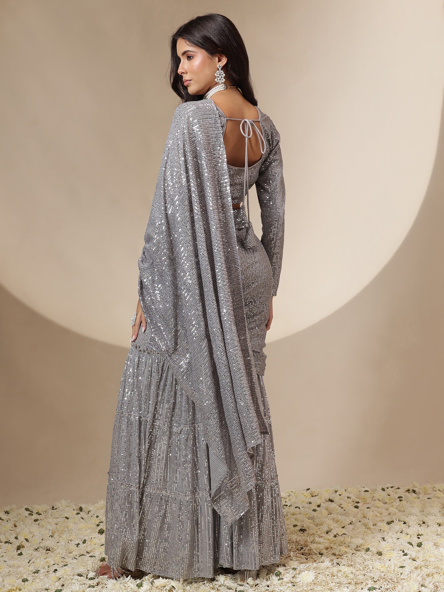 Women Grey Sequin Full Sleeves Blouse With Sharara Saree