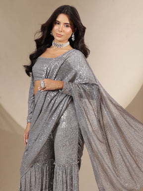 Women Grey Sequin Full Sleeves Blouse With Sharara Saree