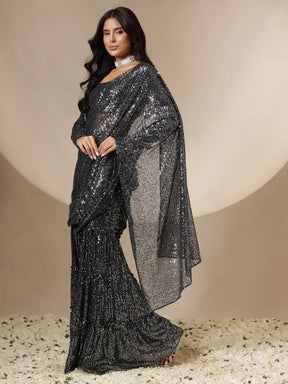 Black Sequin Full Sleeves Blouse With Sharara Saree-Shae by SASSAFRAS