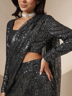 Black Sequin Full Sleeves Blouse With Sharara Saree-Shae by SASSAFRAS