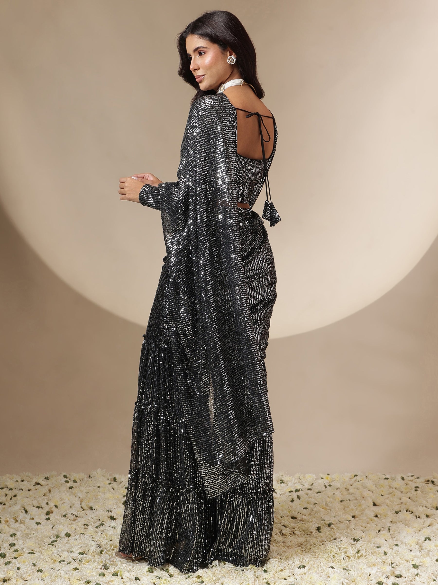Women Black Sequin Full Sleeves Blouse With Sharara Saree