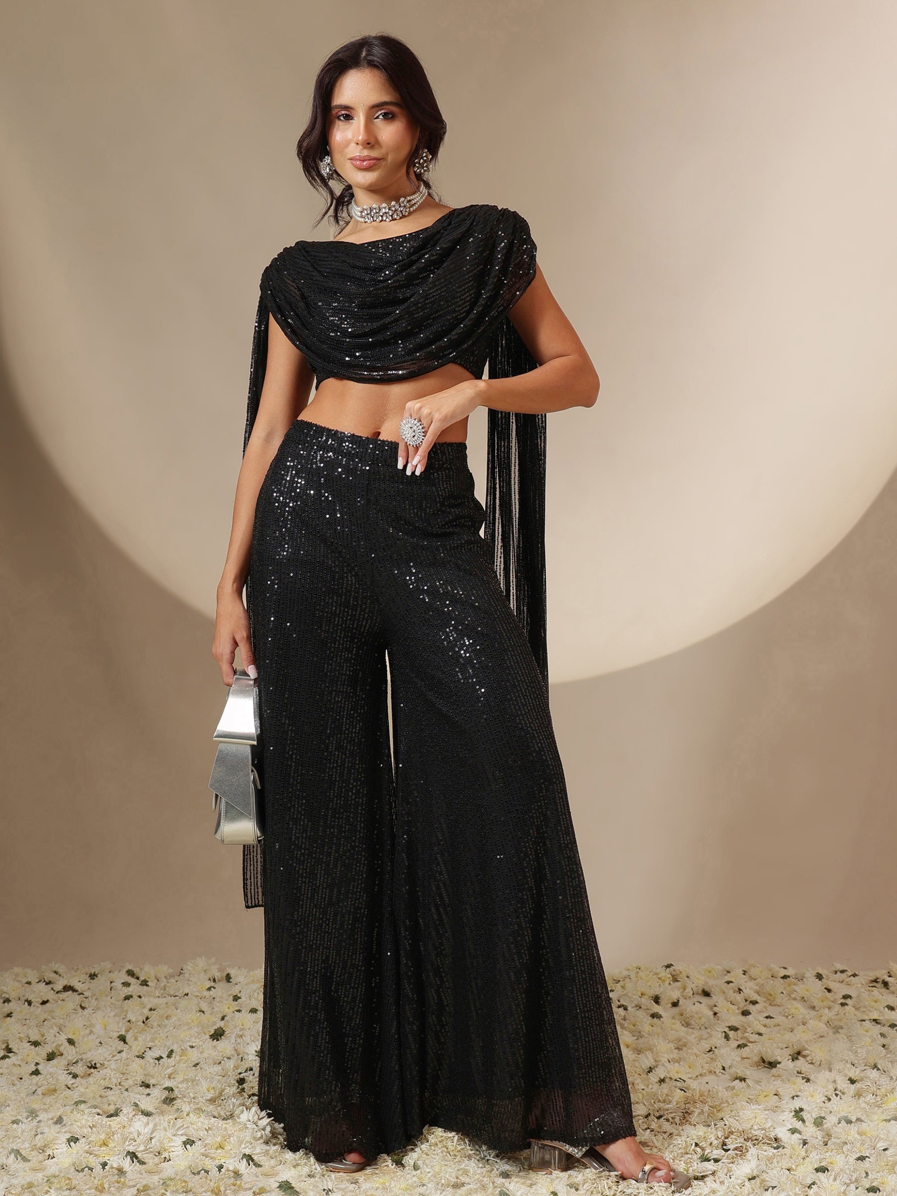 Black Sequin Drape Dupatta Top With Fared Palazzos-Shae by SASSAFRAS