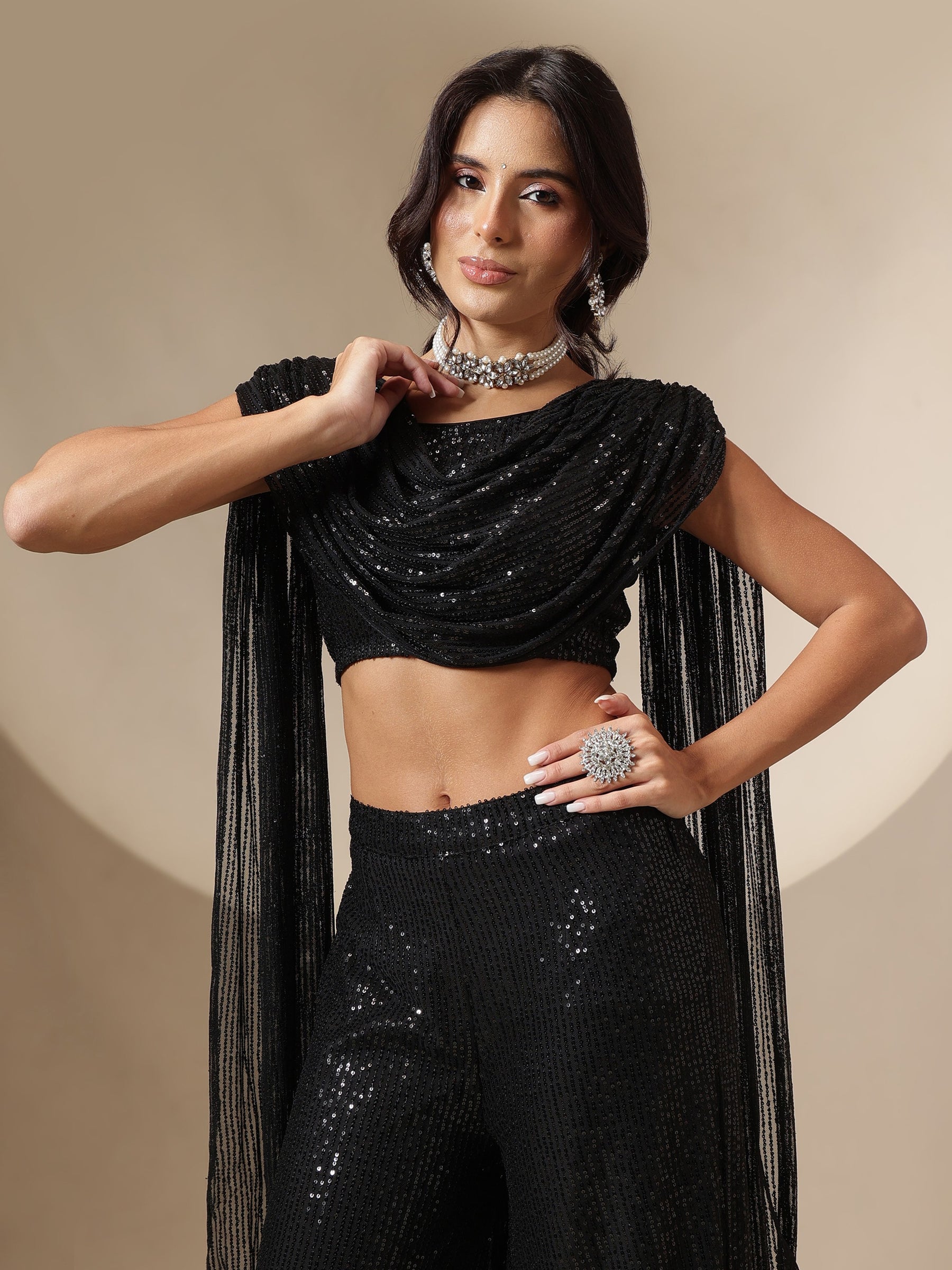 Black Sequin Drape Dupatta Top With Fared Palazzos-Shae by SASSAFRAS