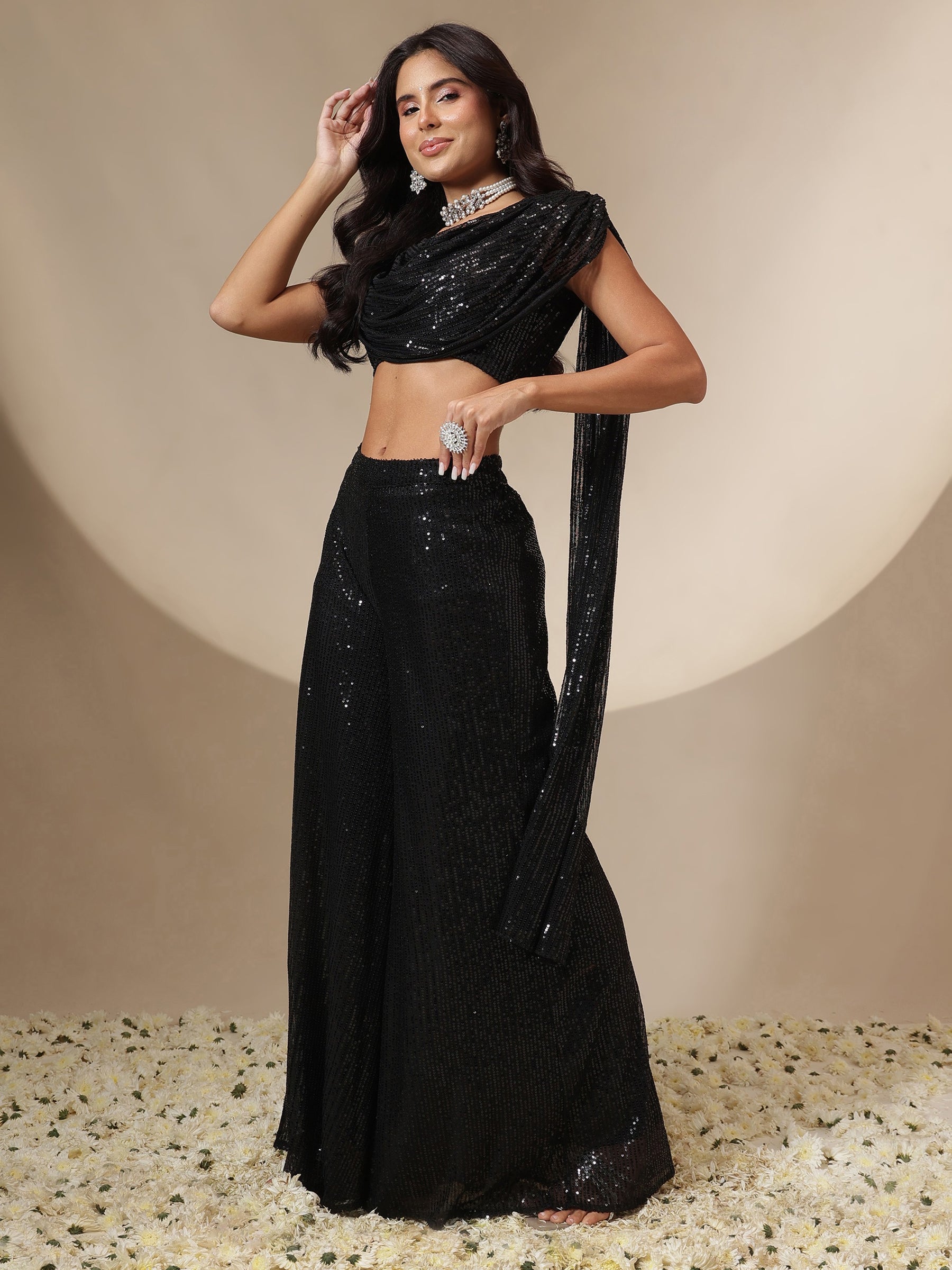 Black Sequin Drape Dupatta Top With Fared Palazzos-Shae by SASSAFRAS