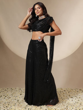 Black Sequin Drape Dupatta Top With Fared Palazzos-Shae by SASSAFRAS
