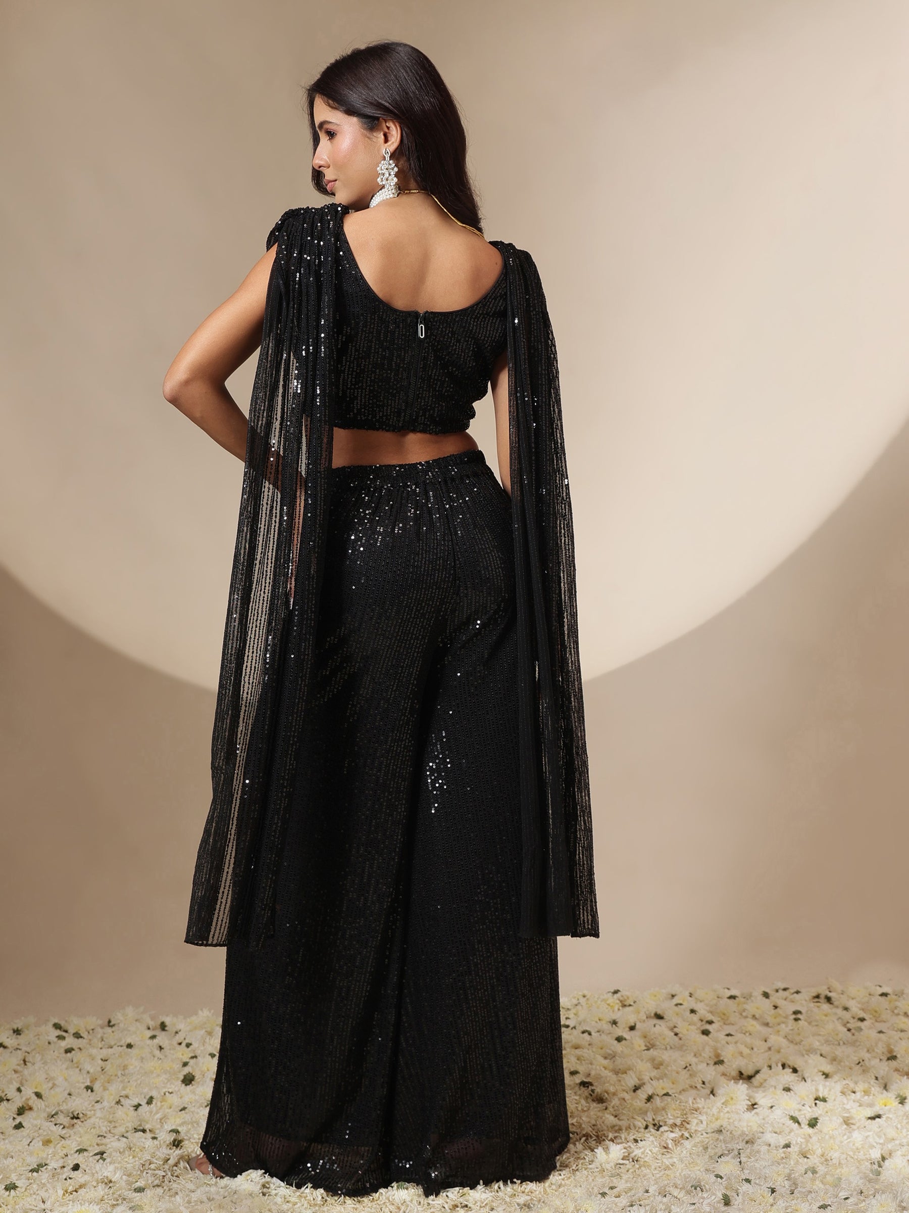 Women Black Sequin Drape Dupatta Top With Fared Palazzos