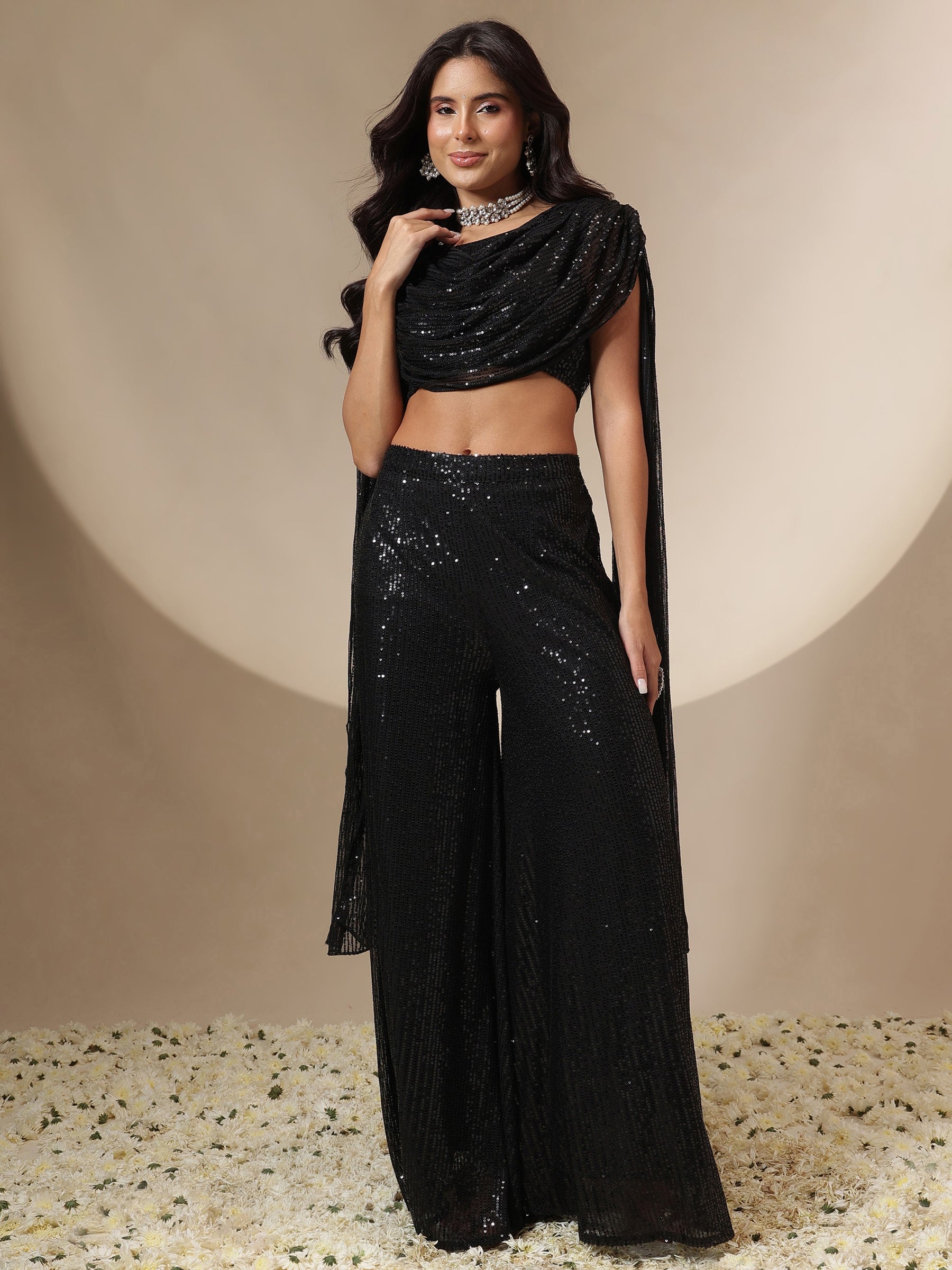 Women Black Sequin Drape Dupatta Top With Fared Palazzos