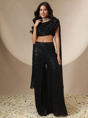 Women Black Sequin Drape Dupatta Top With Fared Palazzos