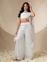 White Sequin Drape Dupatta Top With Fared Palazzos-Shae by SASSAFRAS