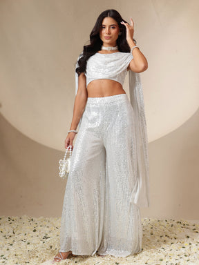 White Sequin Drape Dupatta Top With Fared Palazzos-Shae by SASSAFRAS