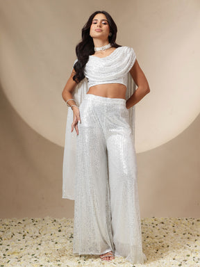 White Sequin Drape Dupatta Top With Fared Palazzos-Shae by SASSAFRAS