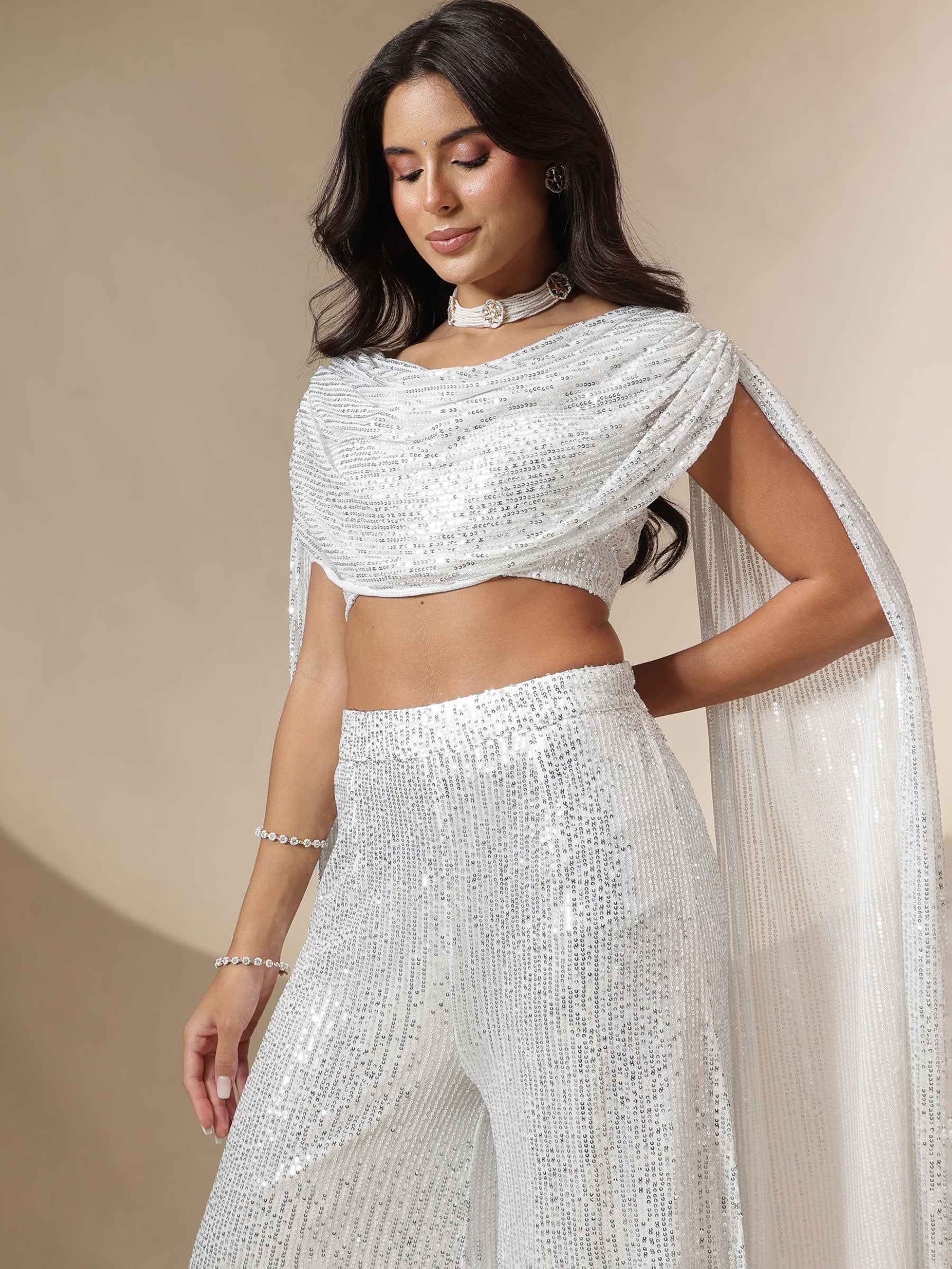Women White Sequin Drape Dupatta Top With Fared Palazzos