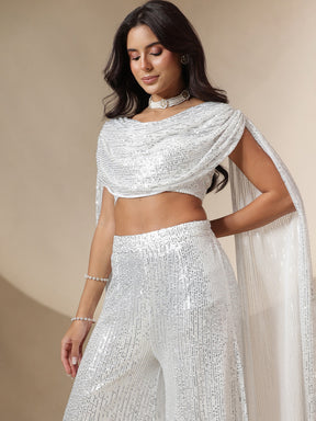 Women White Sequin Drape Dupatta Top With Fared Palazzos