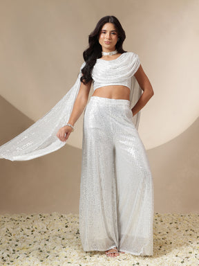 Women White Sequin Drape Dupatta Top With Fared Palazzos